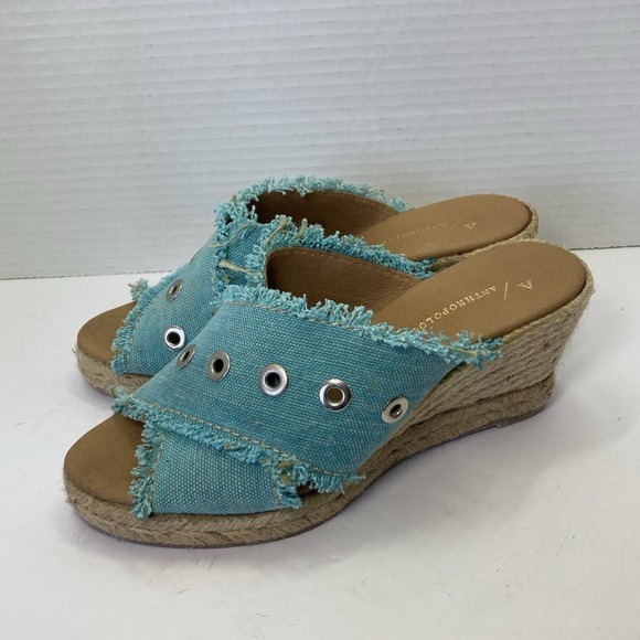 Anthropologie Grommet Wedge Sandals Frayed Denim‎ Teal/Blue Size 36 (US 6) - Picture 1 of 8